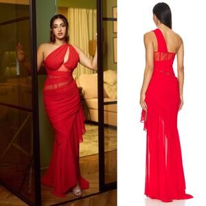 NBD | Christian Gown in Red Asymmetrical Corset Maxi Dress S